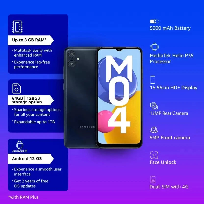 SAMSUNG Galaxy M04 (Dark Blue, 128 GB)  (4 GB RAM)